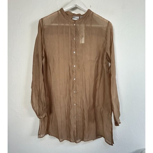 Chico's Sheer Glow Hilda Long Sleeve Button-Up Tunic Shirt 2 Champagne New $78 - Picture 1 of 7